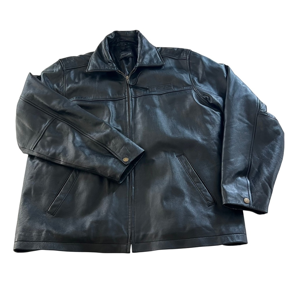 Burks Bay Mens Black Leather Zip Up Jacket L Bomber Biker Retro Urban Street Y2k